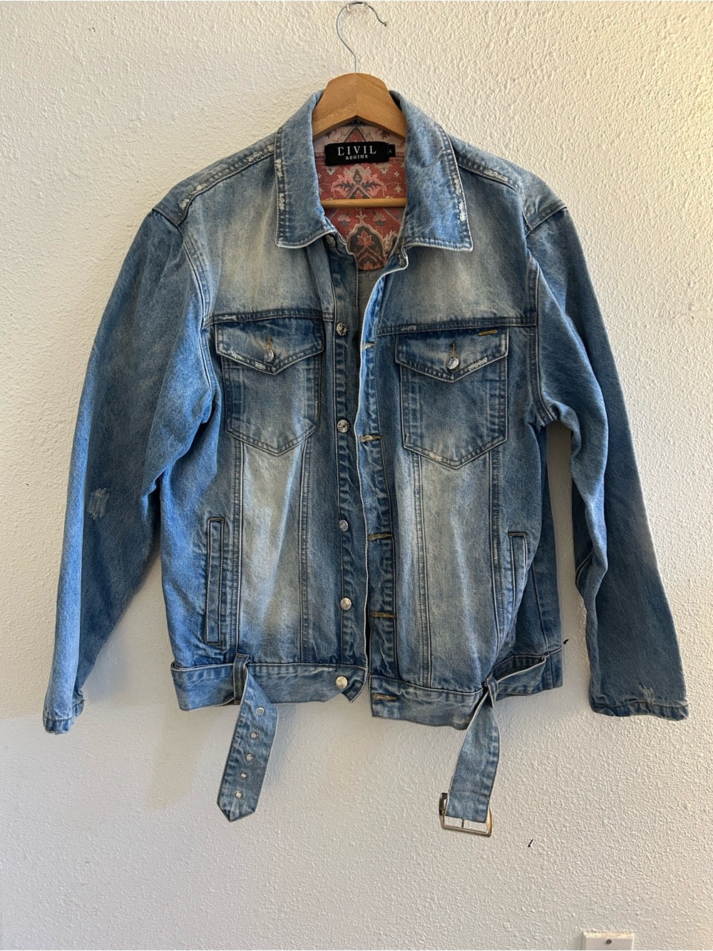 Civil Regime Acid Wash Belted Denim Jacket w interior tapestry detail